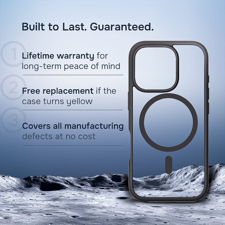 Klasik iPhone case with warranty information on a moon surface background