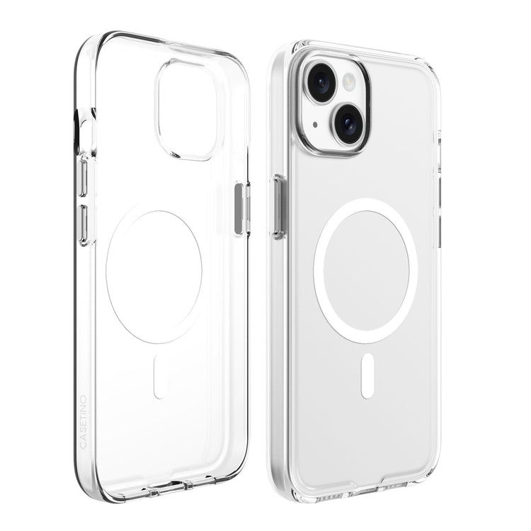 Clear phone case with magnetic attachment slots on a white background