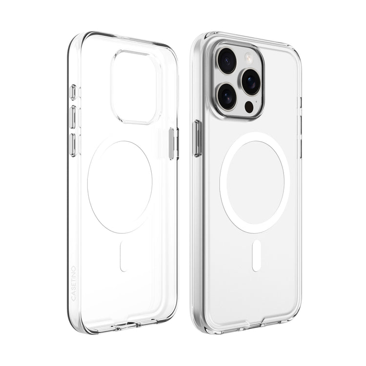 Clear phone case with magnetic ports on a white background