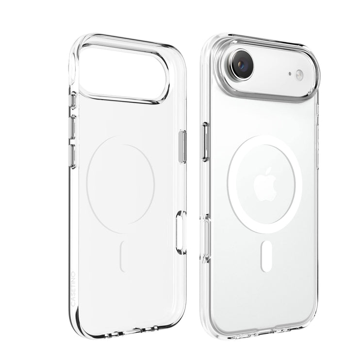 Clear phone case with buttons on a white background