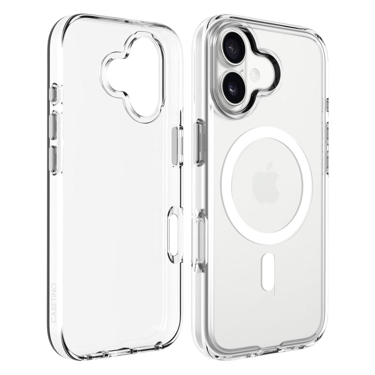 Clear phone case with precise camera cutout and magnetic ring support on a white background