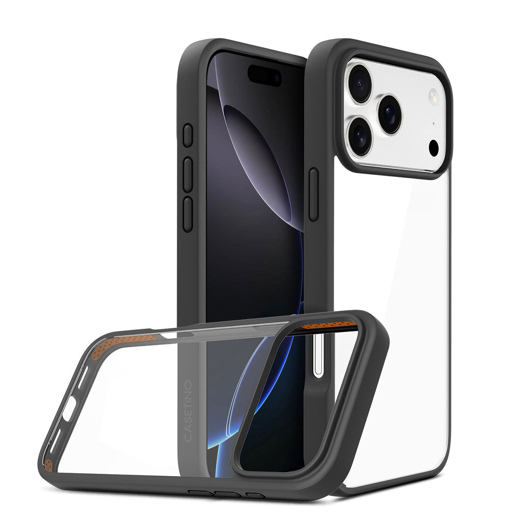 Phone case with clear back and black frame on a white background