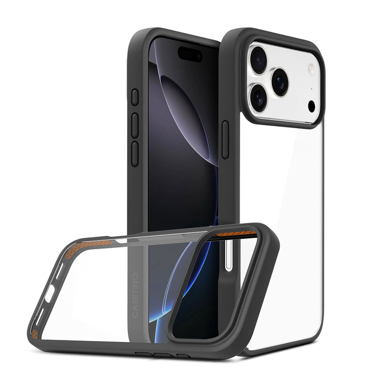 Phone case with clear back and black frame on a white background