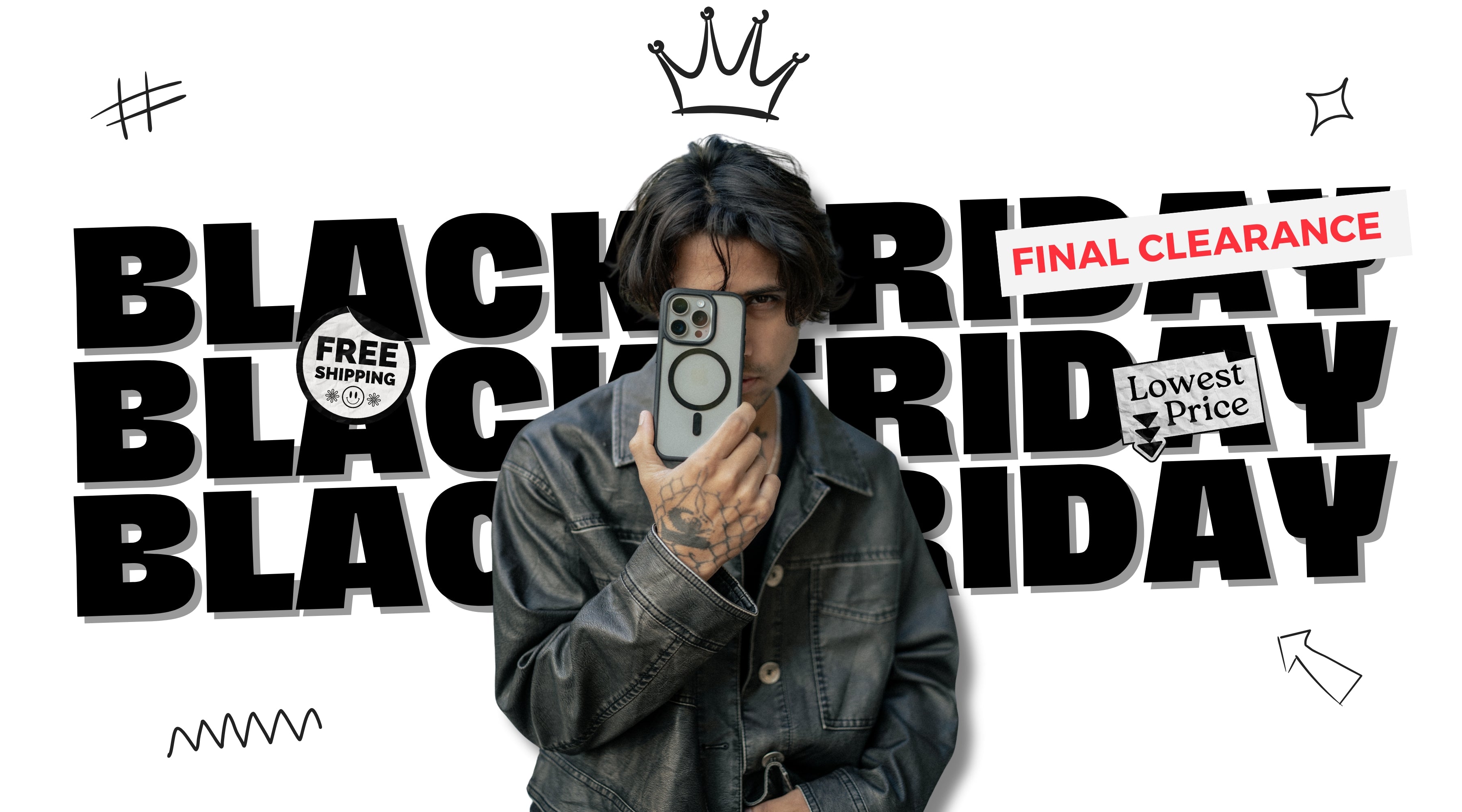 Person taking a selfie with a phone, surrounded by Black Friday promotional text and graphics.