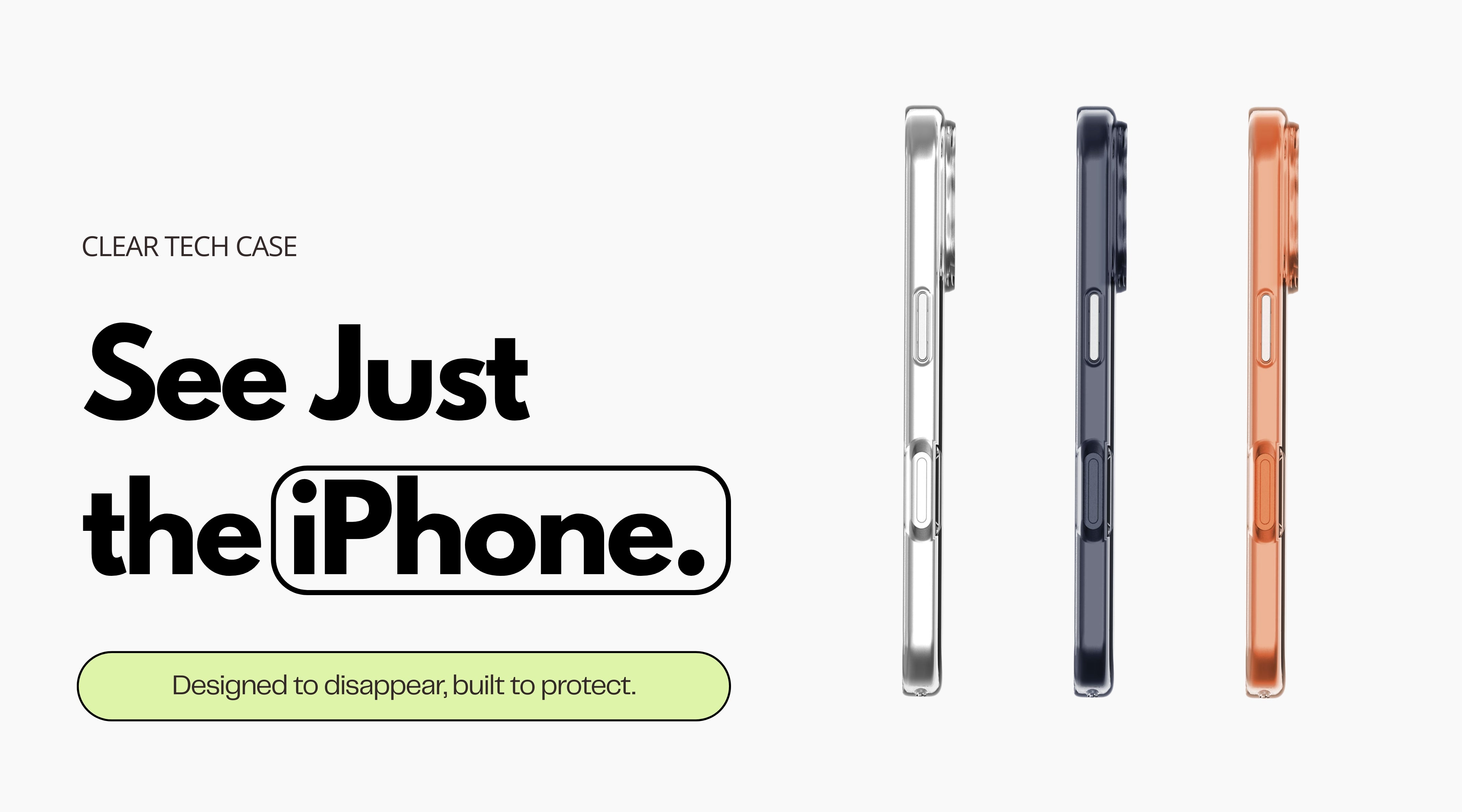 Clear tech case for iPhone with side views on a white background