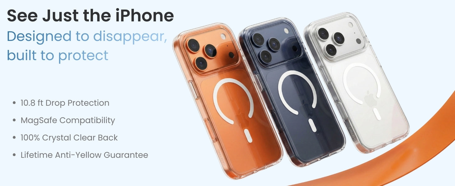 Three phone cases in orange, black, and white with promotional text on a light blue background