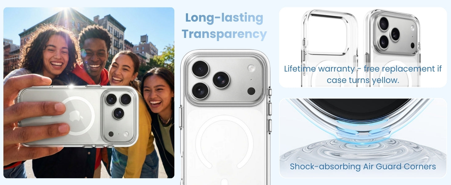 Phone case with 'Long-lasting Transparency' feature, showing a phone and people holding it.