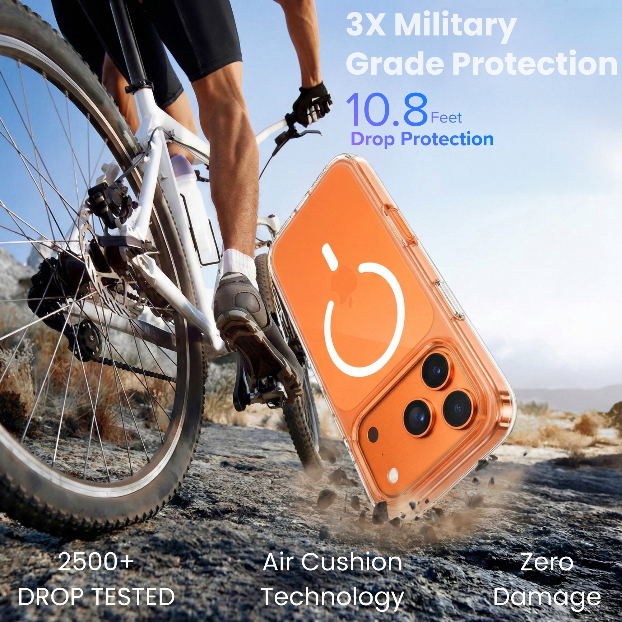 Clear phone case with drop protection features displayed in front of a person riding a bike.