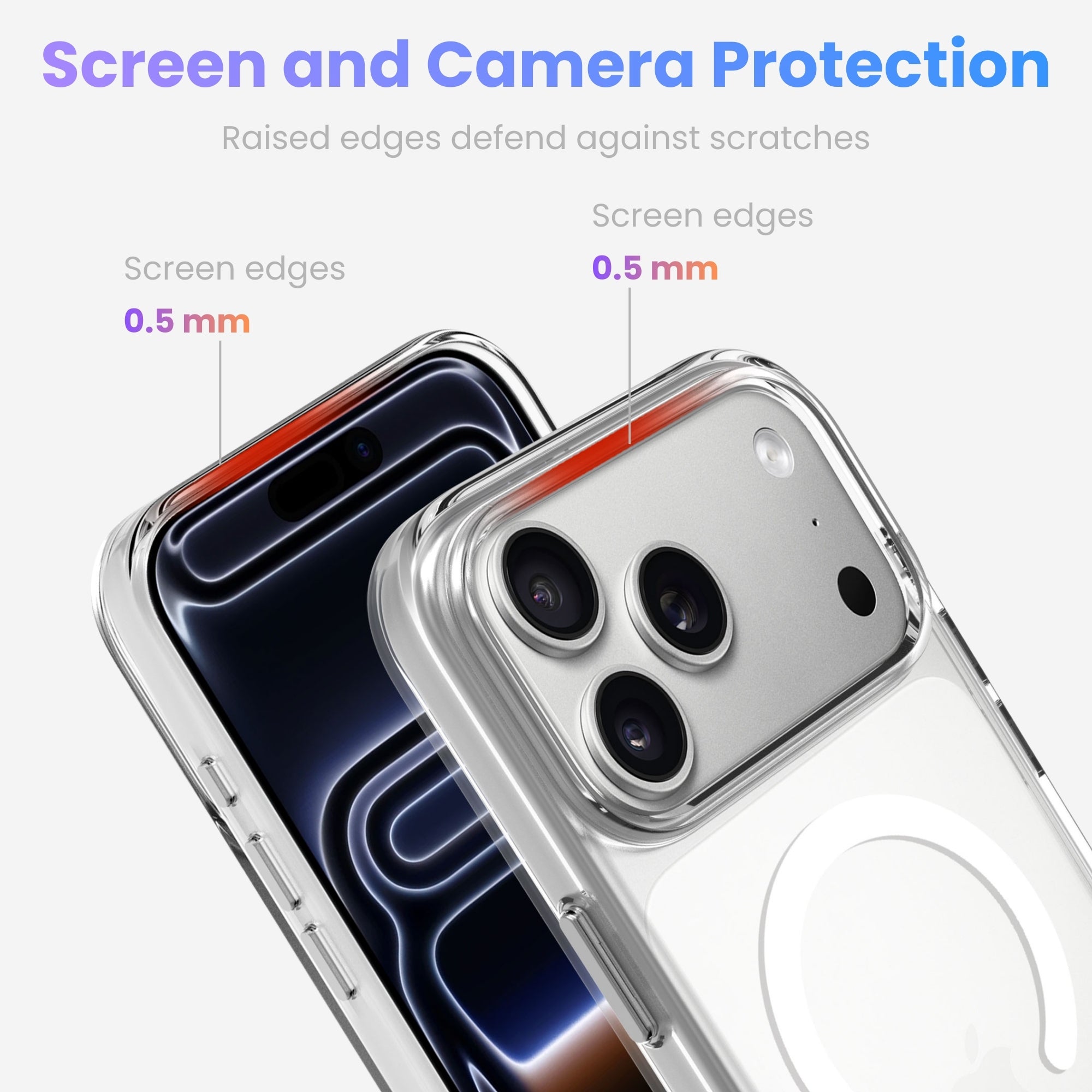 Phone case with screen and camera protection features on a white background
