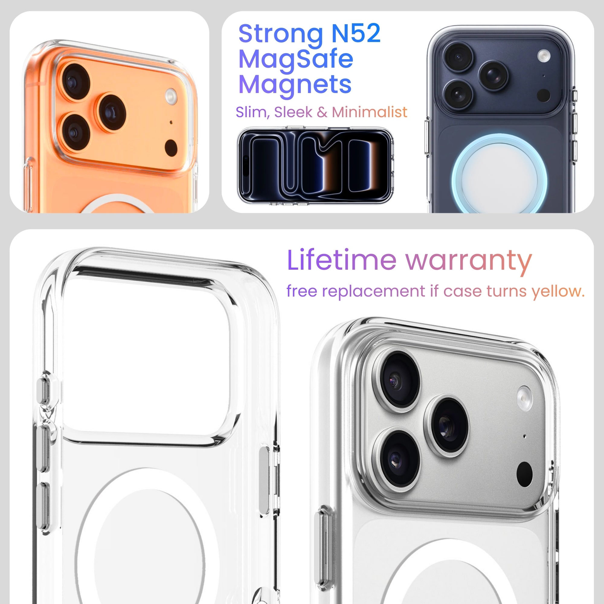 Collage of phone cases with features highlighted, including magnets and warranty information.