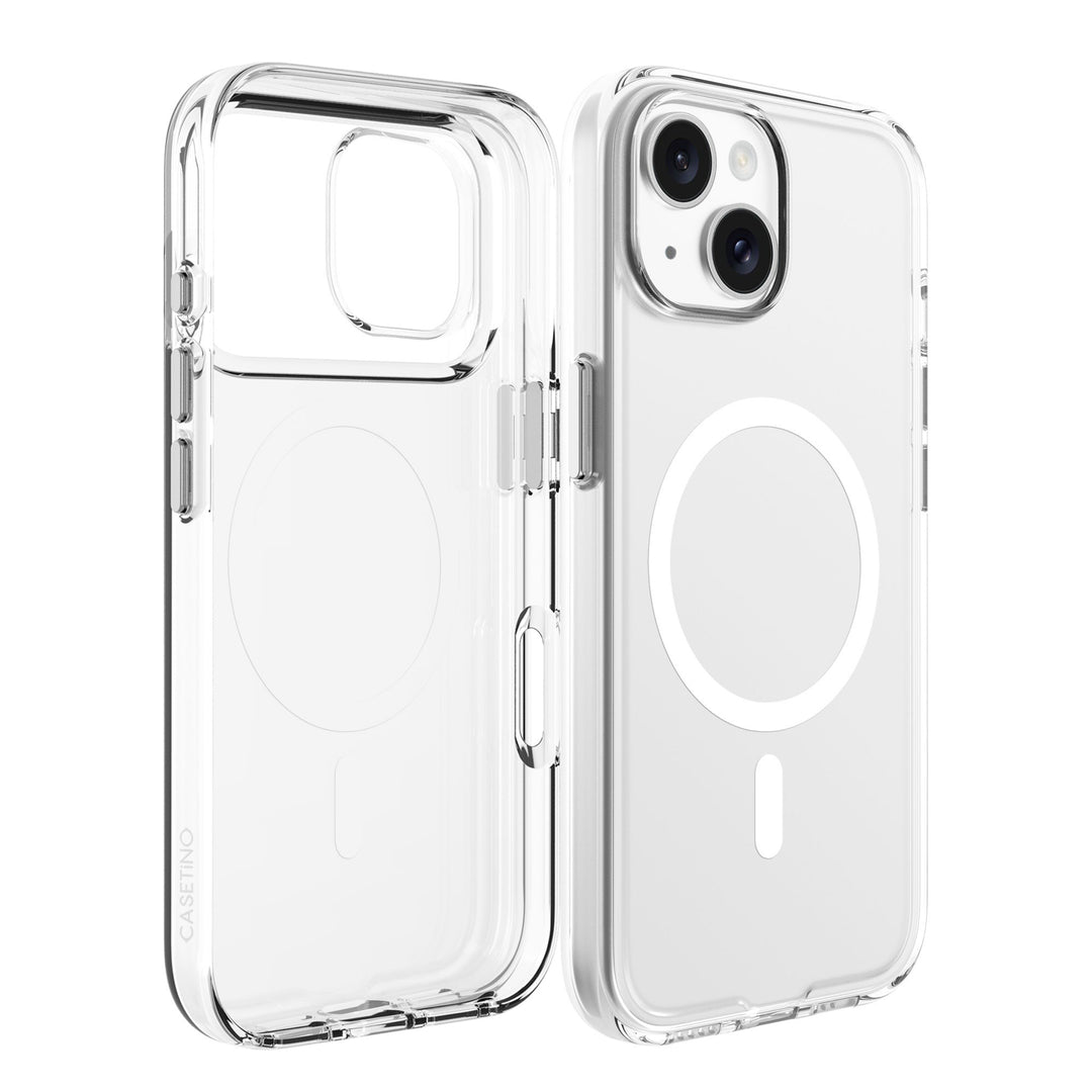 Clear phone case with magnetic feature on a white background