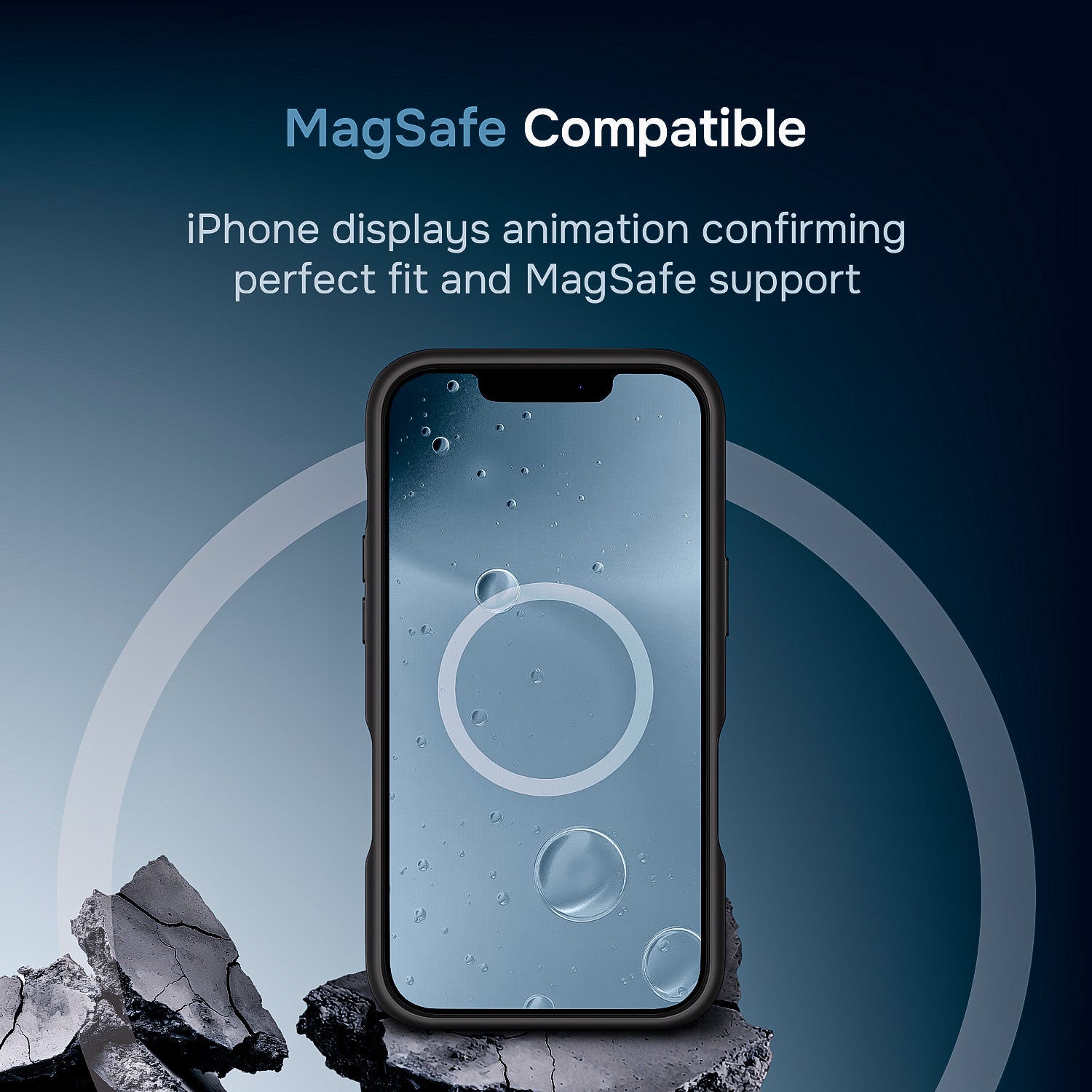 Smartphone with MagSafe feature displayed on a dark blue background