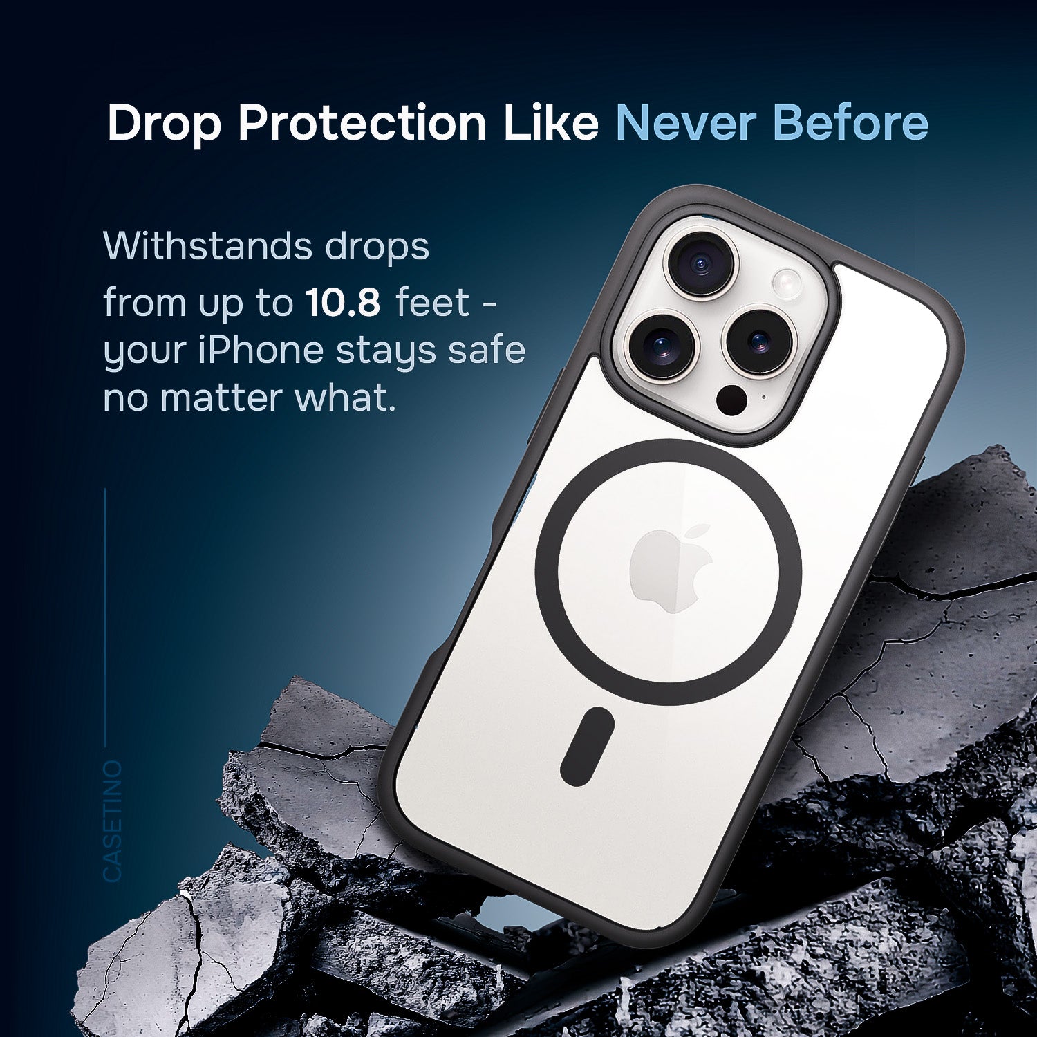 Klasik iPhone case with Apple logo on a rocky background, emphasizing drop protection feature.