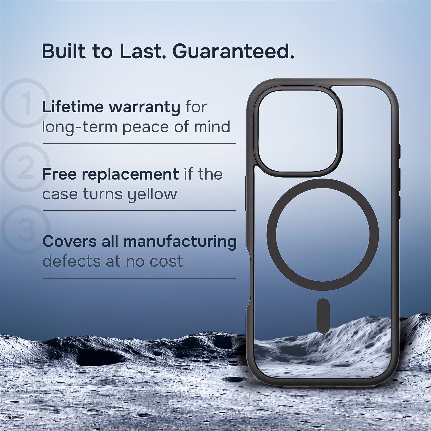Klasik iPhone case with warranty information on a moon surface background
