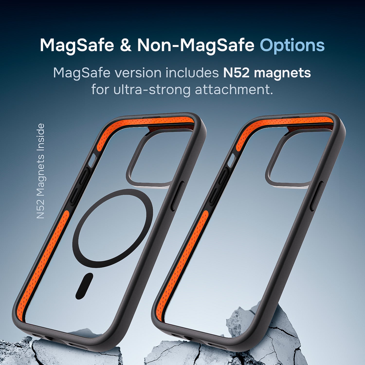 Two Klasik iPhone cases with MagSafe and Non-MagSafe options on a blue gradient background.