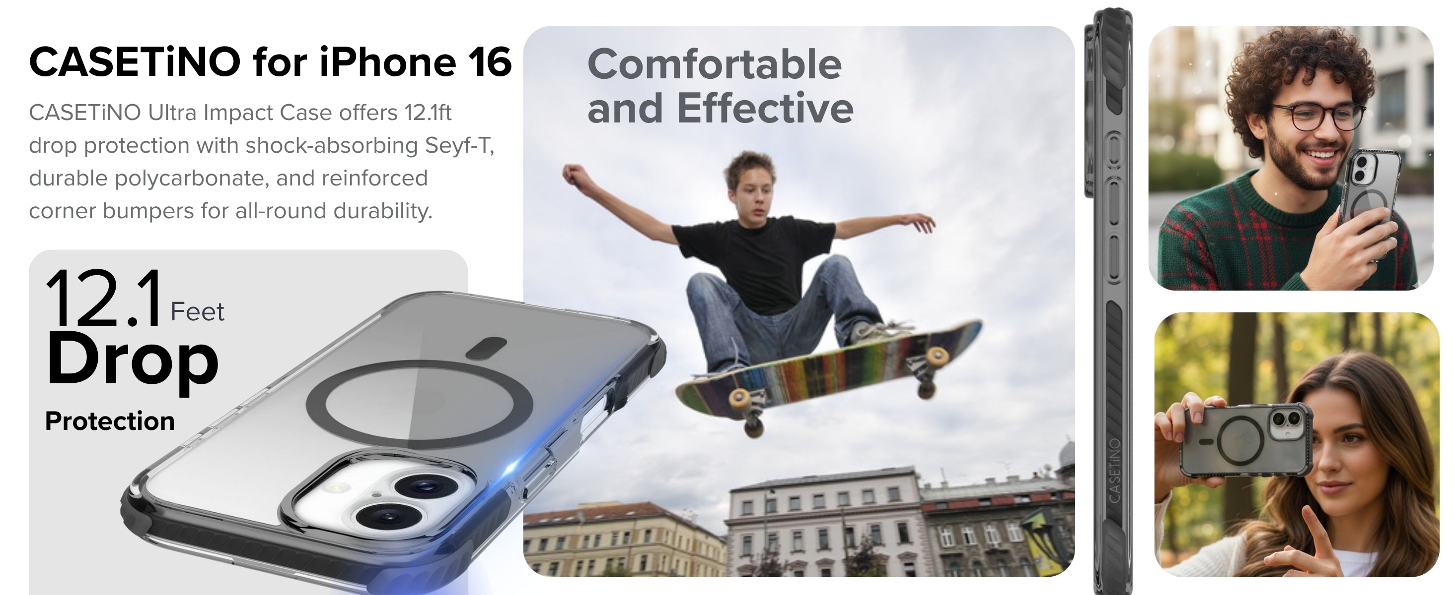 Casetino phone case advertisement with text and images of a person using the case.