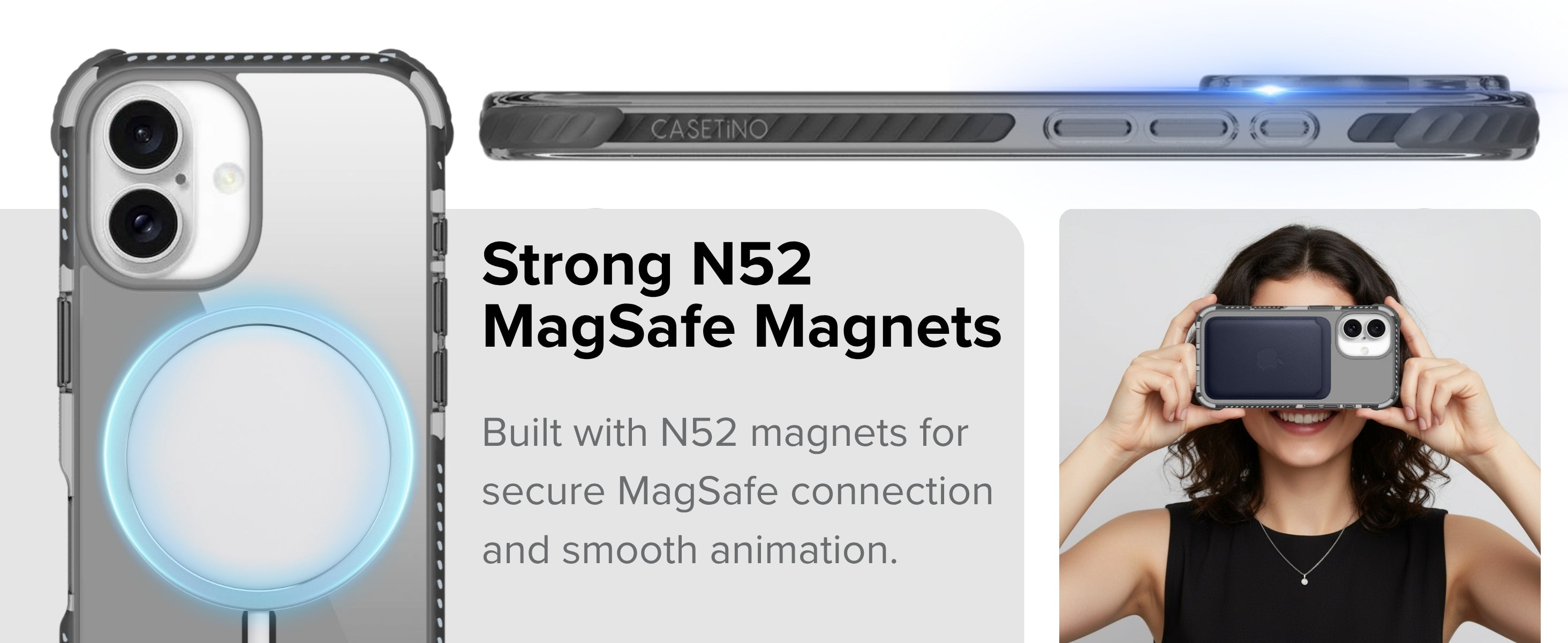 Phone case with MagSafe feature and text about strong N52 magnets.