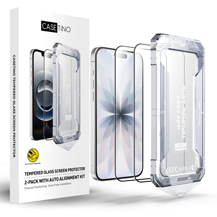 Casetino tempered glass screen protector packaging with two screen protectors and a box on a white background