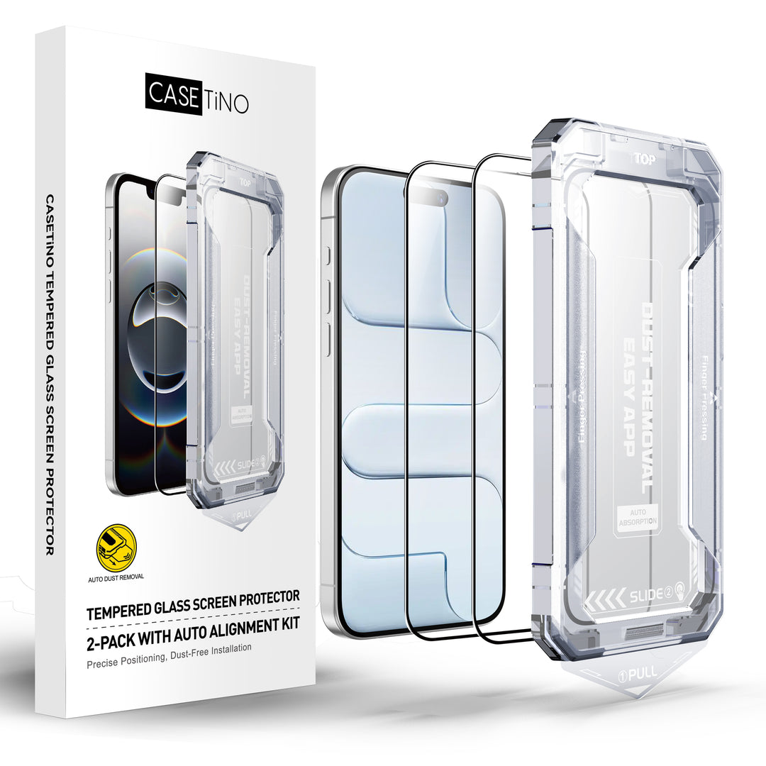 Casetino tempered glass screen protector packaging with phone case on a white background