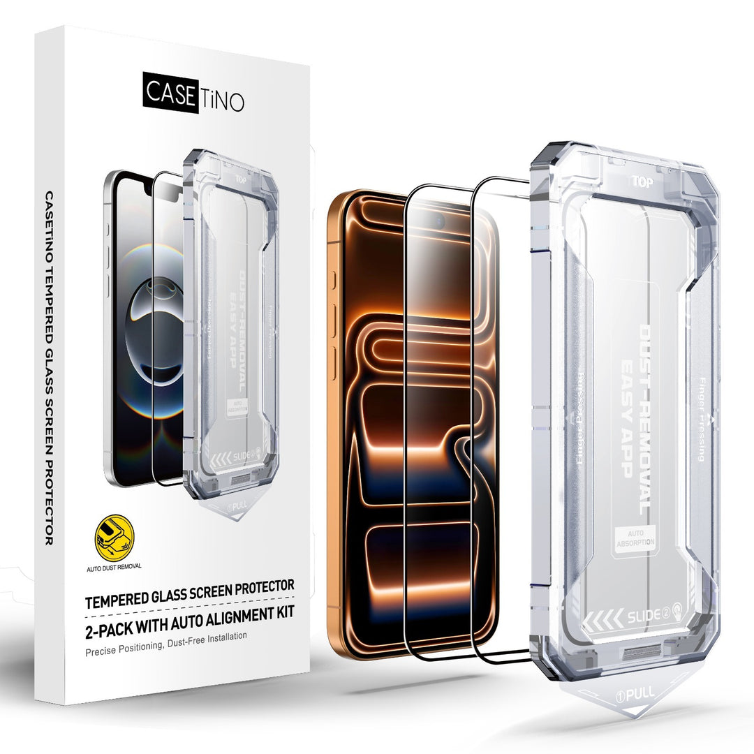 Casetino tempered glass screen protector packaging with two screen protectors and a box on a white background