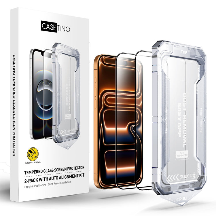 Casetino tempered glass screen protector packaging with two screen protectors and a box on a white background